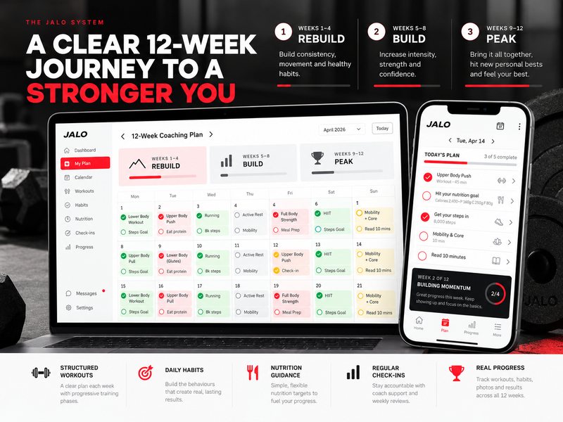 The 12-week JALO journey: Rebuild in weeks 1 to 4, Build in weeks 5 to 8 and Peak in weeks 9 to 12, shown as a weekly plan of workouts, habits and check-ins on a laptop and phone