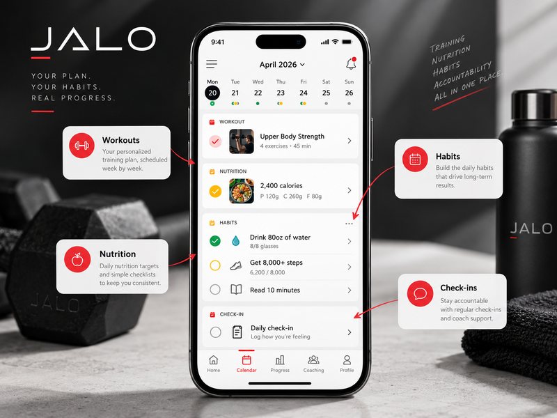 Illustration of the JALO app calendar showing a scheduled workout, nutrition target, daily habits and a check-in